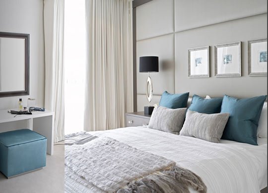 contemporary design  master bedroom  gray  and teal  just 