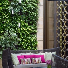 A plant wall and unique lattice is a great wall to add style and privacy